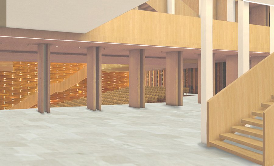 bild 04.jpg - Perspektivischer Blick aus dem neuen Foyer in den Saal (Grafik: büro waechter+waechter architekten bda)